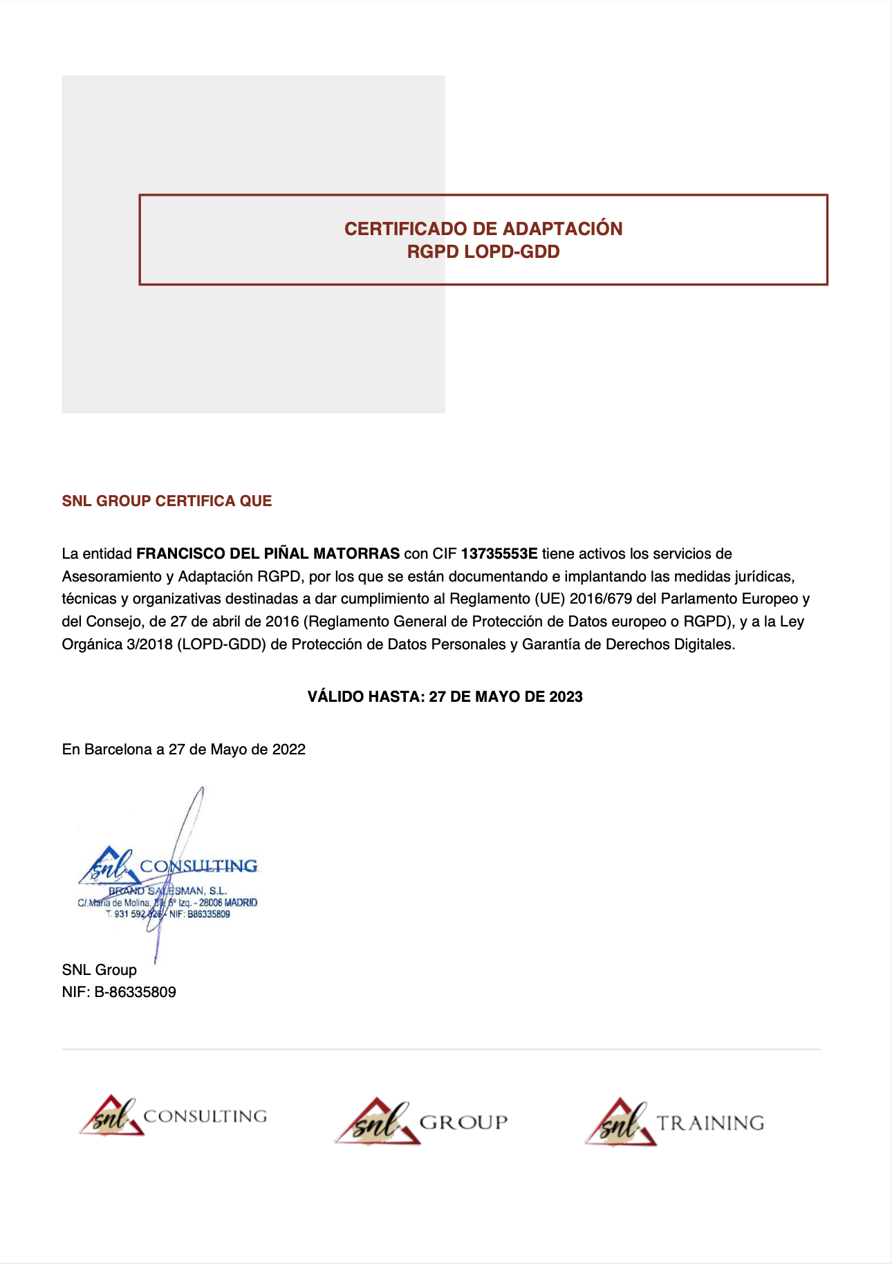 Certificado RGPD